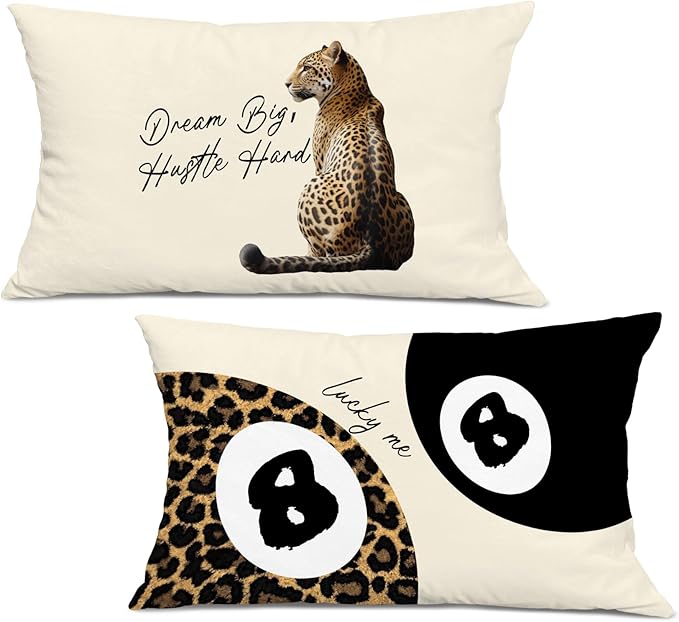 Trendy Leopard Lucky 8 Ball Pillow Covers 20x12, Cheetah Leopard Print Room Decor, Funky Preppy Leopard and Black Billiards Decorative Throw Pillow Covers for Girls Dorm Apartment，Set of 2