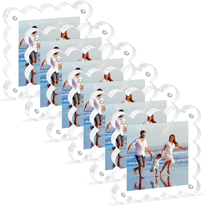 Acrylic Magnetic Picture Frames 4x4-6Pack Clear Freestanding Photo Frame.Double-Sided Scalloped Edges, 10+10mm Thick Block, for Modern Desktop Display &Perfect for Gifts (6 Pack, 4X4)