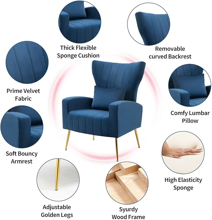 X-VOLSPORT Velvet Accent Chair, Mid Century Modern Wing Back Living Room Chair with Waist Pillow, Upholstered Arm Chair with Metal Gold Legs for Bedroom, Club, Dark Blue