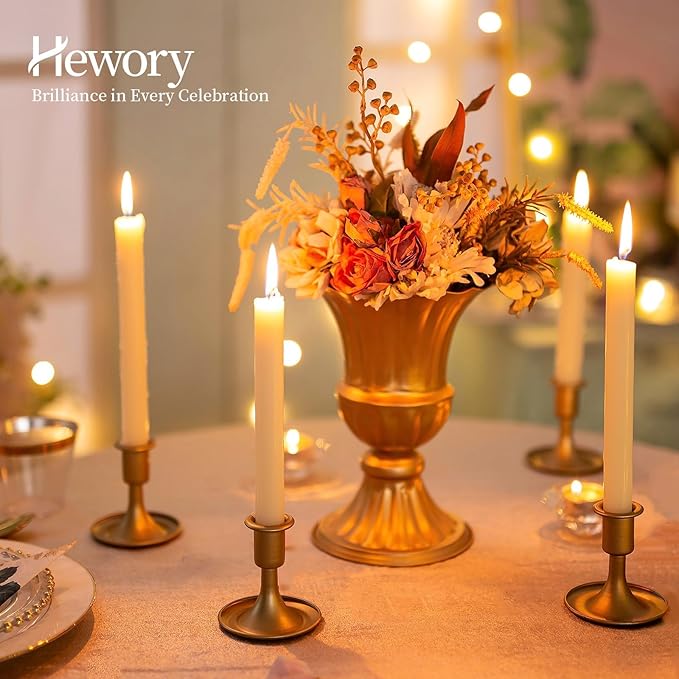 Gold Taper Candle Holder Set of 6, Hewory Short Skinny Brass Candlestick Holders, Vintage Small Low Metal Candles Sticks for Wedding Centerpieces Christmas Birthday Party Holiday Dinning Table Decor
