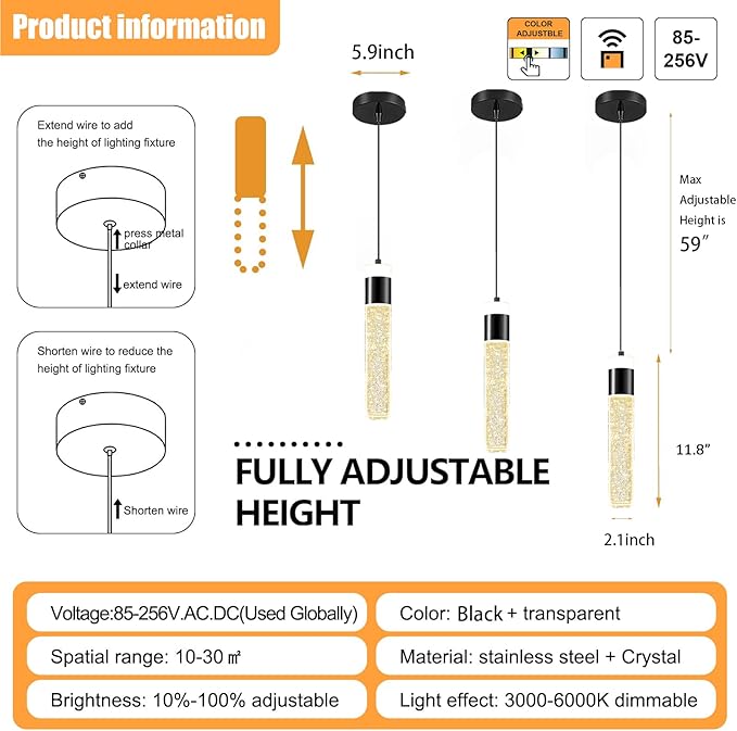 Modern Mini Crystal Pendant Light for Kitchen Island Bedroom Bedside Hanging Ceiling Lamp with Crystal Bubble Column, LED Dimmable 3000k-6000k Independent 1-Light Black