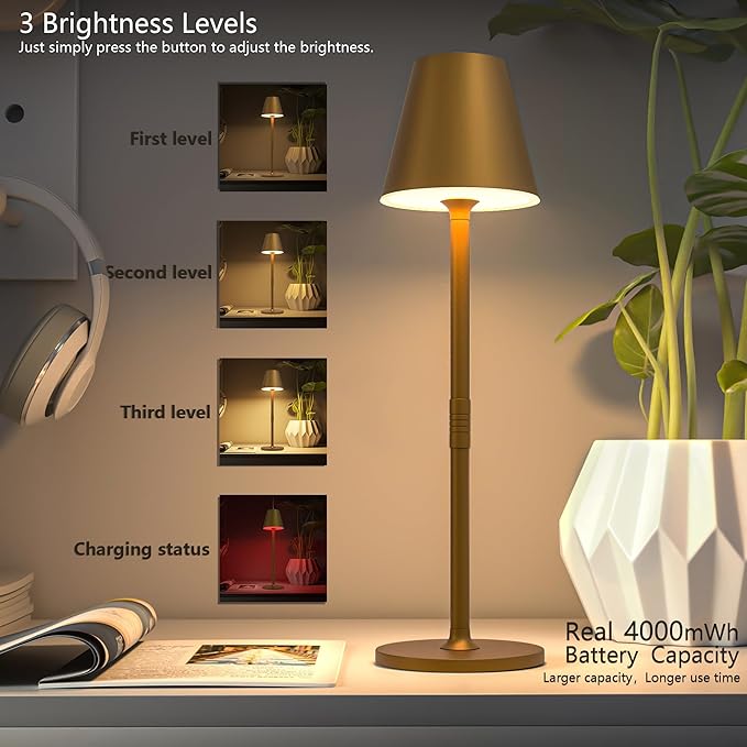 LED CordlessTable Lamp,4000mAh Rechargeable Battery Desk lamp,3 Level Brightness Beside Night Light, Minimalist Design, for Couple Dinner/Coffee Table/Restaurant/Bedroom(Bronze 4PACK)