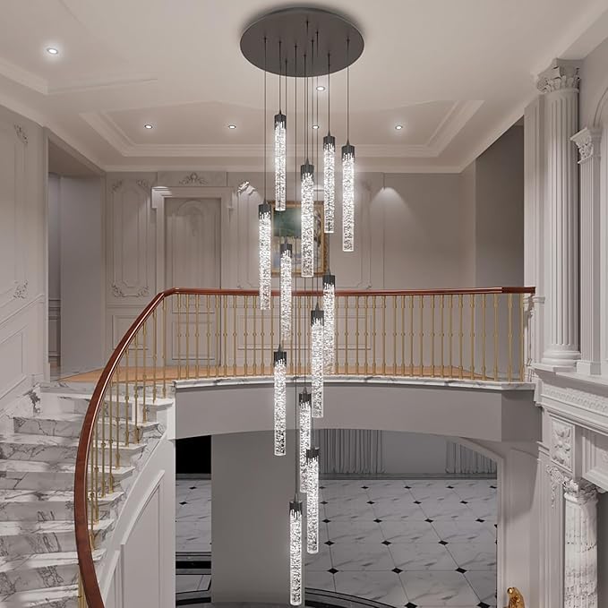 H138'' Crystal Bubble Column Chandelier Black 12-Lights Ceiling Light for Foyer Entrance Pitched Ceiling Loft Lighting Fixture LED Dimmable 2700K-6000K