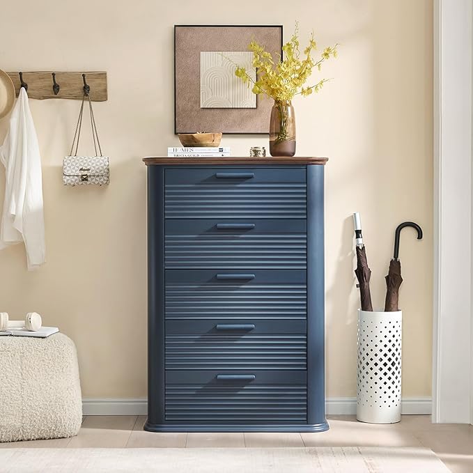 Okvnbjk 5 Drawers Dresser for Bedroom, 45" Tall Dresser with Curved Profile Design, Wood Fluted Chest of Drawer, Modern Drawer Storage Organizer for Bedroom, Living Room, Entryway