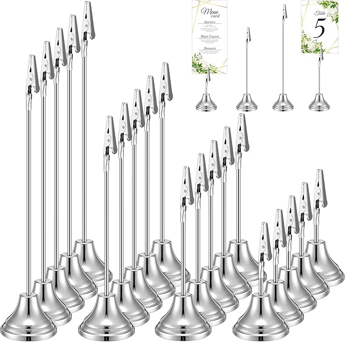 20 Pcs Table Number Holders 4/6/8/10 Inch Metal Place Card Holders with Alligator Clip Heavy Base Wedding Table Number Stand Picture Photo Clip for Banquet Party Birthday Restaurant(Silver)