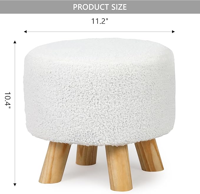 Asense Small Round Ottoman Foot Rest Stool Teddy Velvet Padded Seat Footstool Ottoman with Anti-Slip Wooden Legs (White,Teddy Velvet)