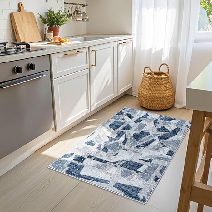 Modern Abstract Door Mat Indoor Entrance 2X3 Blue Rug Washable, Non-Slip Small Rugs for Entryway Bathroom Ultra-Thin, Throw Carpet for Kitchen Bedroom Nursery Kids Print Faux Wool