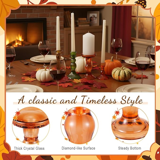 Mumufy 20 Pcs Glass Crystal Taper Candle Holders Clear Glass Candlestick Holder Fit 0.8 Inch Candles Crystal Decorative Candle Stand Centerpiece Table Wedding Dining Party(Fall Color)