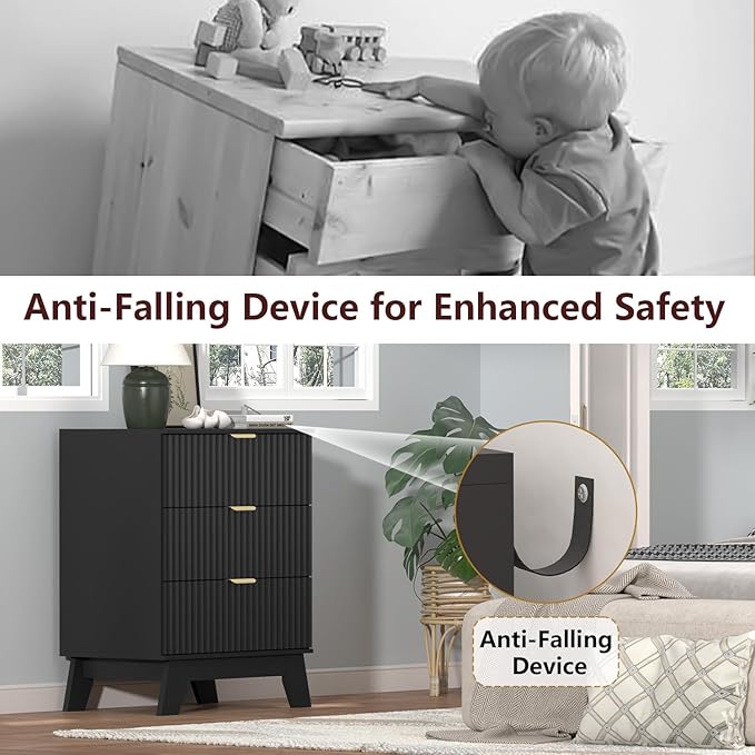 Fluted Dresser for Bedroom,3 Drawer Dresser for Closet,Storage Cabinet and Chest of Drawers with Gold Handle,TV Stand,Storage Organizer for Living Room,Hallway,Entryway,Black