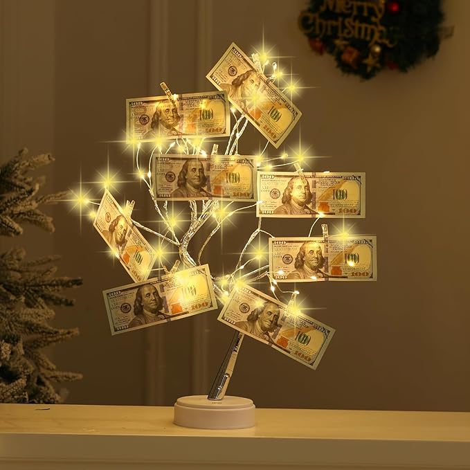 4 Pack Money Tree Gift Holder 108 LEDs Lighted Fairy Light Spirit Trees Graduation Decorations Battery/USB Powered Light Up Display Twig Gift Card Tree with 22 Clear Clips for Card Photo Memo