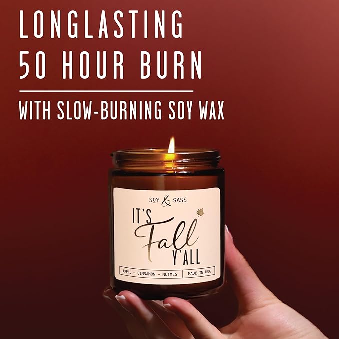 Fall Candles - 'It's Fall Yall' Candle w/Apple Cinnamon & Nutmeg I Infused with Essential Oils I Autumn Scented Candles I Cozy Cute Décor Gifts I 9oz Jar I 50Hr Burn I Made in USA