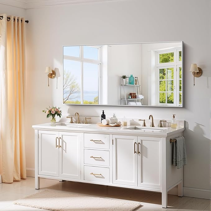 YIROMAN Bathroom Mirror 60"x30", Large Brushed Silver Bathroom Mirror for Over Sink with Aluminum Frame, Rectangular Vanity Mirror with Right Angle, Wall Mirror Hangs Horizontal or Vertical