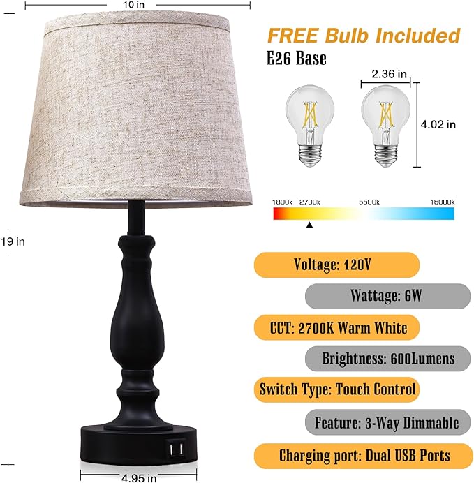 Table Lamps Set of 2, Bedside Nightstand Lamps with USB Charging Ports, 3 Way Dimmable Touch with Linen Fabric Lampshade, Modern Small Lamp for Bedrooms, Living Room (Bulbs Included)