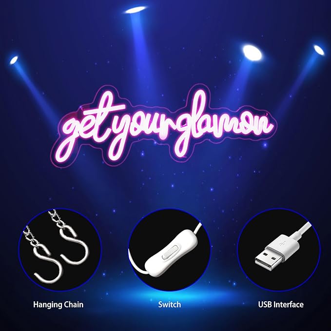 Get Your Glam On Neon Sign, Neon Signs for Wall Decor Neon Pink LED Signs Room Neon Light Up Signs Home Decor for Bedroom Club Party Bar Shop USB Operated