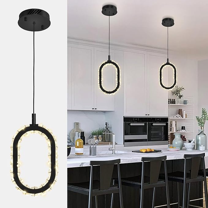 Black 1 Ring Pendant Lights Kitchen Island Single Head Crystal Chandeliers Foyer Entrance Modern LED Dimmable Chandeliers