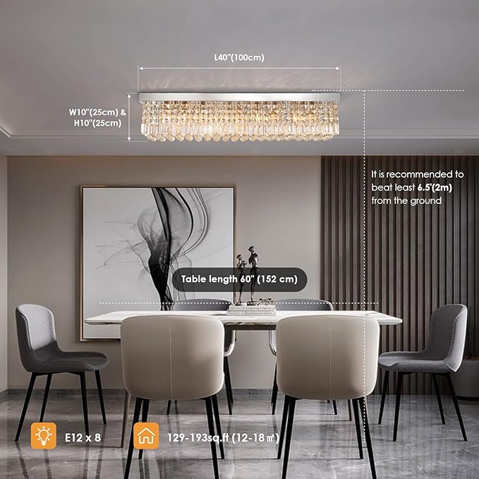 Siljoy Modern Crystal Chandelier 8-Lights Rectangular Flush Mount Pendant Ceiling Light Fixture Rectangle K9 Crystal Raindrop Chandelier for Dining Living Room Kitchen Island L40'' x W10'' x H10'