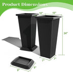 FENCY Set of 2 Tall Planters for Outdoor Plants, 24 Inch Large Tapered Pots with Drainage Trays, Weather-Resistant Plastic Plant Containers for Patio, Porch, Garden, Front Door Decor,Black,Striped