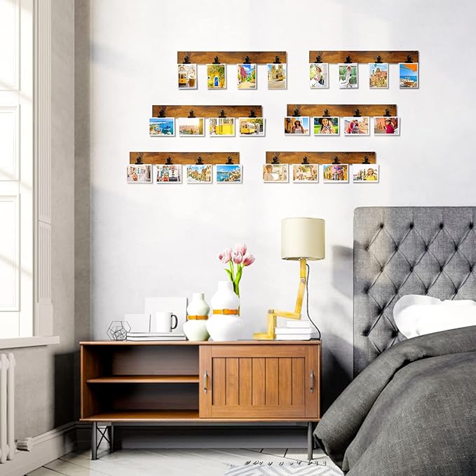 Picture Frame With 24 Clips,Large Size Collage Photo Frames, Hanging Wall Decor Frame, Organize and Display Photos, Artwork. No Assembly Required, Brown