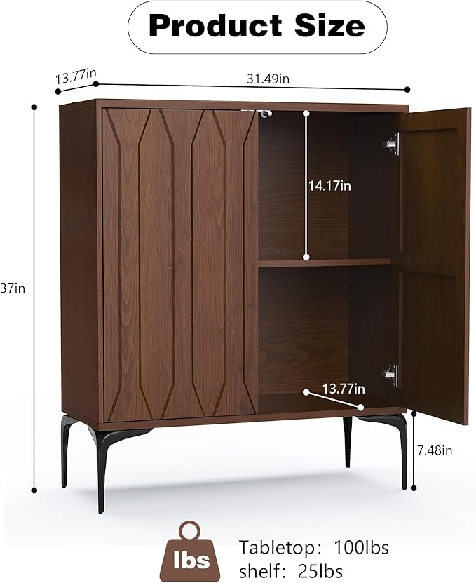 3More Accent Cabinet with 2 Doors,Sideboard Buffet Cabinet with Iron Legs and Adjustable Shelf,3D Lattice Design for Living Room, Entrance, Dining Room,Walnut