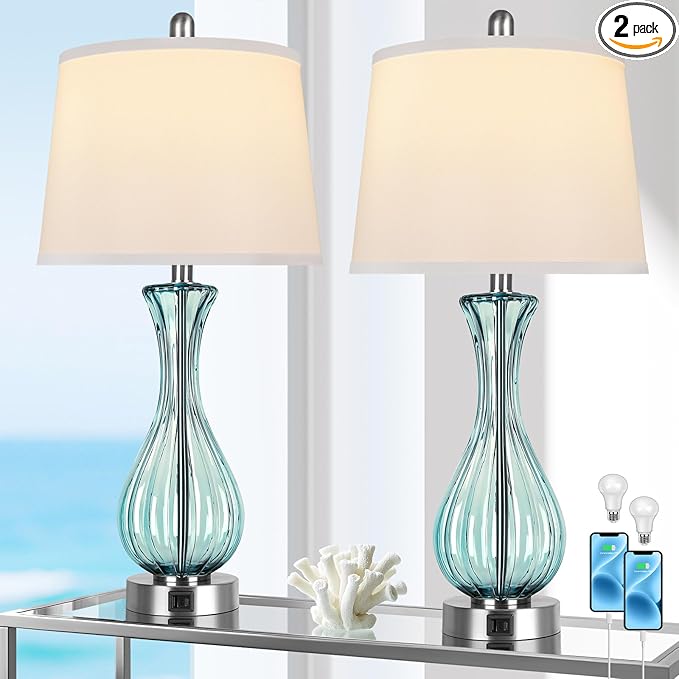 27.5" Coastal Glass Table Lamp Set of 2, 3-way Dimmable Full Touch Control Beach Lamp with USB A+C Port, Glass Nautical Bedside Lamp with White Shade for Living Room Bedroom(LED Bulbs Included)