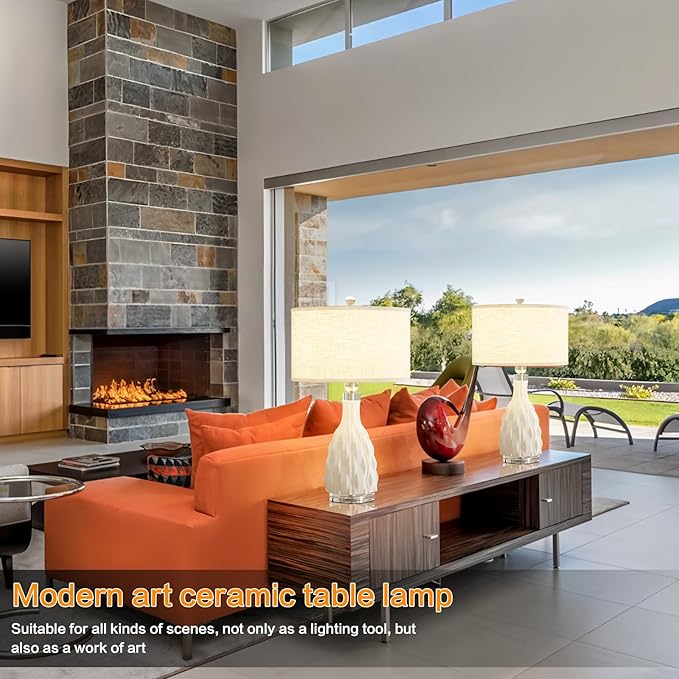 Modern White Textured Ceramic Table Lamps 22.5In, Plug in Table Lamp Decor for Office Living Room Bedroom Bedside Nightstand