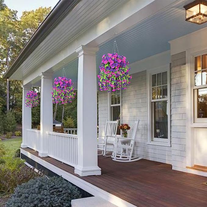 Ivydale 2 PCS Artificial Hanging Flowers Fake Plants Outdoor,Silk Morning Glory Faux Flowers with Eucalyptus Leaf,UV Resistant Realistic Hanging Petunias Plants for Home Garden Decor (Purple+Fuchsia)