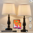 Lamps for Bedroom Set of 2,Touch Bedside Table Lamp with USB C+A Ports,3 Way Dimmable Nightstand Lamps with Round Fabric Linen Lampshade for Living Room Reading Bed Side End Table,Bulbs Included