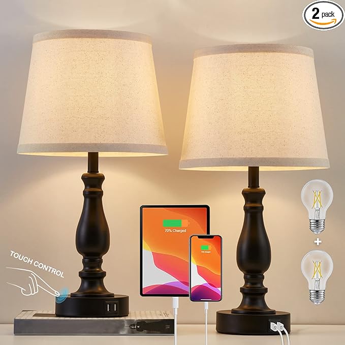 Lamps for Bedroom Set of 2,Touch Bedside Table Lamp with USB C+A Ports,3 Way Dimmable Nightstand Lamps with Round Fabric Linen Lampshade for Living Room Reading Bed Side End Table,Bulbs Included