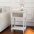 HOMPUS End Table Set of 2 with Drawer and Shelf, Vintage Nightstand Set 2 w Pattern Drawer, White Bedside Table, Accent Nightstand Organizer for Living Room, Bedroom, Easy to Assemble, Distress White