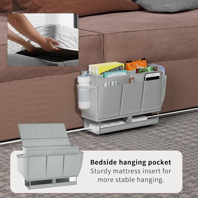 Bedside Caddy, Bed Organizer with 11 Pockets and Power Strip Holder, Versatile Bedside Storage Caddy for Home,Dorm,Bunk,Hospital,Crib Bed (2 Pack Grey)