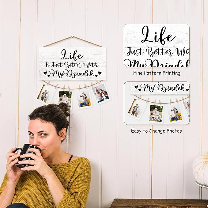 Dziadek Gifts Picture Frame Photo Holder for Wall, Birthday Gifts for Papa Grandpa, Thank You Grandfather Poppy Gift from Grandchildren Grandkids Hanging Photo Display