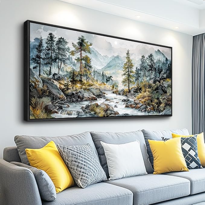 PHAOHUAXM Large Wall Art For Bedroom Wall Decor For Living Room Office Decoration Rivulet View Painting Forest Tree Landscape Watercolour Pictures Canvas Artworks Home Decor Black Framed 24x48 In