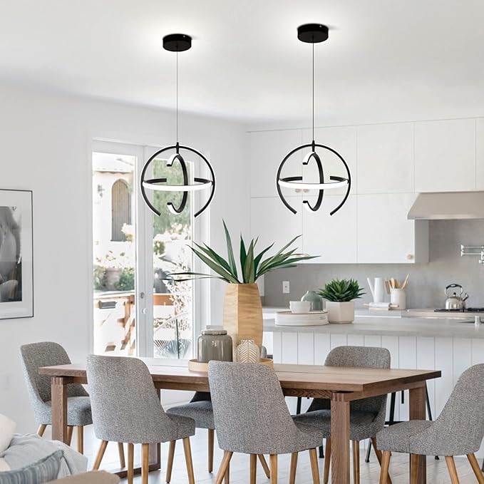 Modern Black LED Chandeliers, Dimmable Globe Pendant Lights Fixture, 13.8" Round Metal Hanging Light for Kitchen lsland, Dining Room Bedroom Foyer Hallway Stairway (3-Pack)