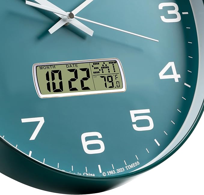 Wall Clock, 14" Large Dial Non-Ticking Silent Battery Operated Analog with LCD Display for Perpetual Calendar and F° Temperature, Ideal Modern Home, Bedroom, Kitchen, Office Decor(Green)