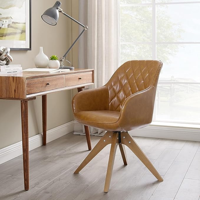 Art Leon Mid Century Modern Swivel Accent Chair with Arms, Beech Wood Legs Leather Upholstered Computer Desk Chair for Small Spaces Home Office Living Room Bedroom, Claybank