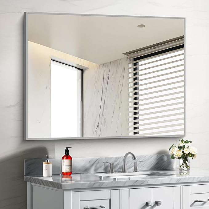 Silver Bathroom Mirror, 48"X36" Rectangle Mirrors for Wall Metal Frame, Bathroom Rectangular Mirror Modern Wall Mirror for Bedroom Living Room, Hangs Horizontal or Vertical