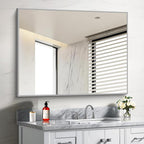 Silver Bathroom Mirror, 48"X36" Rectangle Mirrors for Wall Metal Frame, Bathroom Rectangular Mirror Modern Wall Mirror for Bedroom Living Room, Hangs Horizontal or Vertical