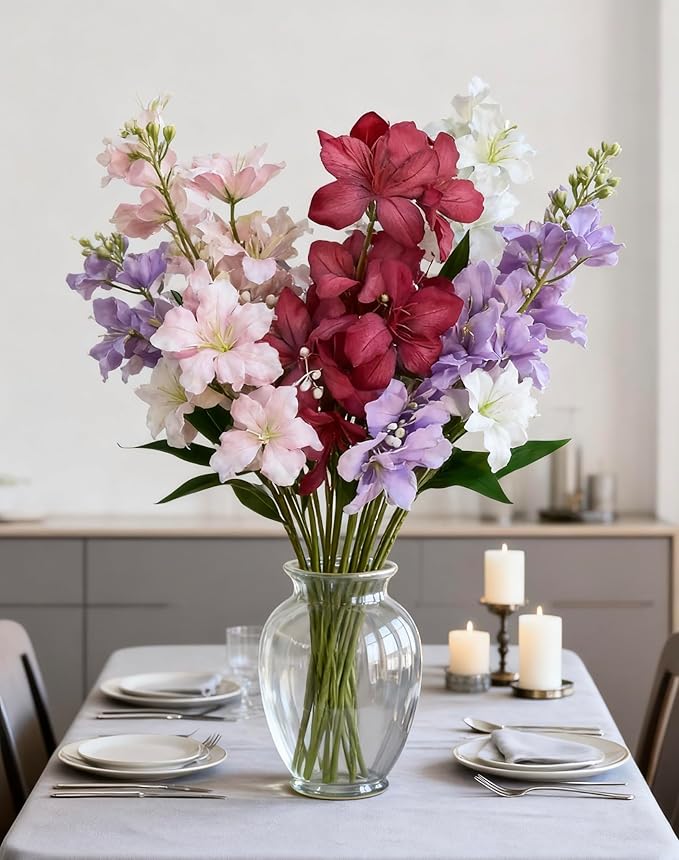 10-Bud Artificial Lily Flowers, 4 Pcs Fake Outdoor Flowers, UV Resistant Faux Flowers for Outdoor Planters, Silk Flowers for Wedding Decoration (Mixed)