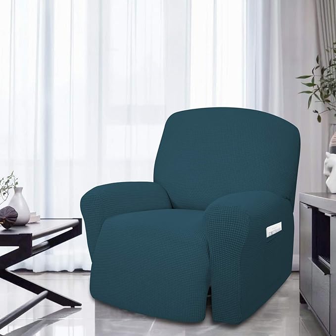 Easy-Going 4 Pieces Oversized Recliner Stretch Sofa Slipcover Sofa Cover Furniture Protector Couch Soft with Elastic Bottom Polyester Spandex Jacquard Fabric Small Checks DeepTeal,X-Large