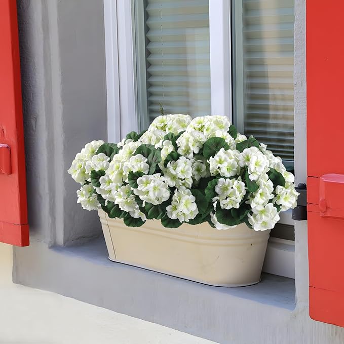 Hananona Artificial Geranium Flowers for Outdoors Geranium Silk Flowers Outdoor UV Resistant Garden Plants Faux Flowers for Home Kitchen Table Centerpieces Decor (12, White)