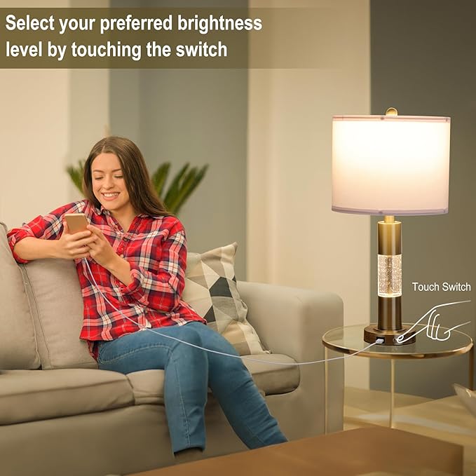 Serteaw Touch Control Table Lamp Set of 2 - Gold Crystal Nightstand Lamps with USB Ports, Stepless Dimming Mode, Stylish Side Lamp for Bedroom and Living Room, Energy-Efficient LED Bulb Included