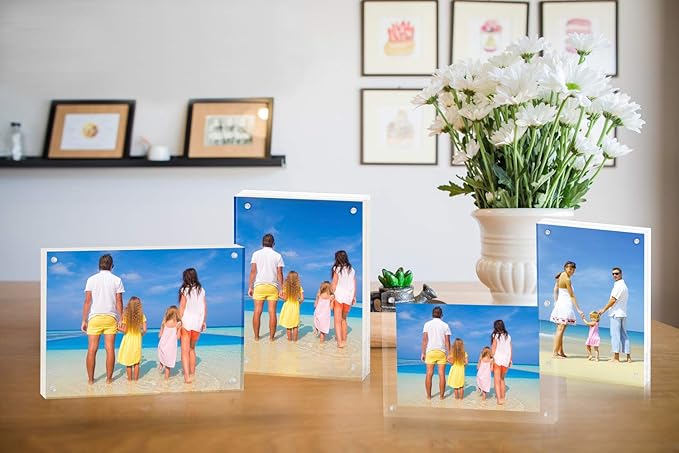 Meetu Acrylic Picture Frame 5x7,Clear Freestanding Double Sided 20mm Thickness Frameless Magnetic Photo Frames Desktop Display with Gift Box Package(5 Pack)