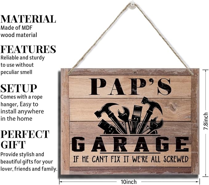 Rustic Sign, Father's Day Gift, Dad's Gift, Grandpa's Gift, Decor Hanging Wood Signs, Printed Wood Wall Art Sign, Pap's Garage, If He Can't Fix It We're All Screwed, Vintage Sign Gift for Grandpa