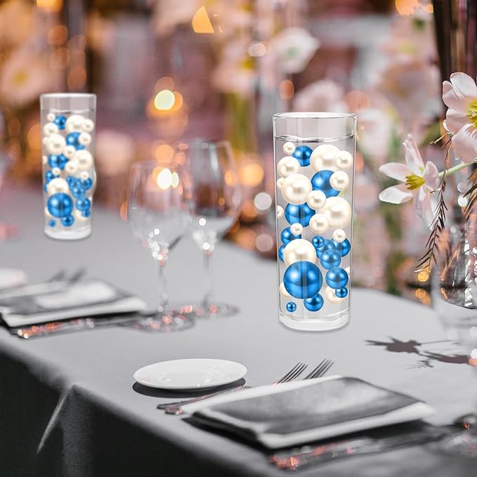 200PCS Blue White Faux Pearls Beads for Centerpiece Vases, Vase Filler Faux Pearls, No Holes Filler Beads for Party Anniversary Birthday Wedding Table Decor, 10/14/20/30mm