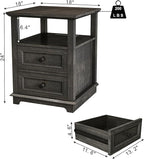 End Table with Fast USB C Charging Station,18" Wide Sofa Side Table with 2 Drawers, Large Storage Rustic Wood Square Storage Cabinet for Living Room, Bedroom, Office, Black