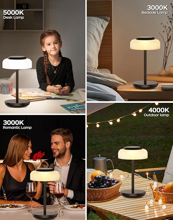 QiMH Battery Operated LED Table Lamp, 5000mAh Rechargeable Cordless Lamp Set of 2, Stepless Dimmable Touch Control, Small Waterproof Desk Night Light for Living Room, Bedroom, Outdoor Bar (Black)