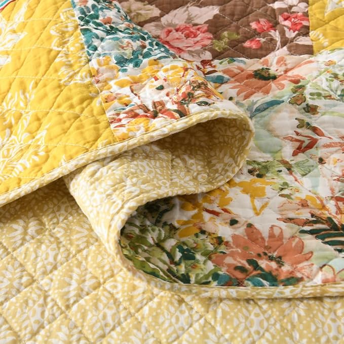ENASAL Cotton Bedspread Quilt Sets Reversible Bedding Coverlet Sets Luxury Vintage Rustic Gorgeous Paisley Floral Yellow Real Patchwork Bedspread, King Size