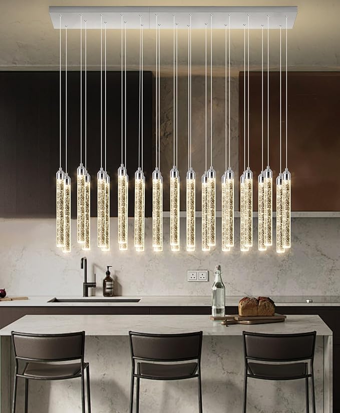 Rectangular Chandeliers 26-Lights Long Light for Entryway LED Dimmable Chandeliers Lighting Fixture Flat Sloped High Ceiling Pendant Lights Crystal for Living Room Foyer Hallway Staircase Silver
