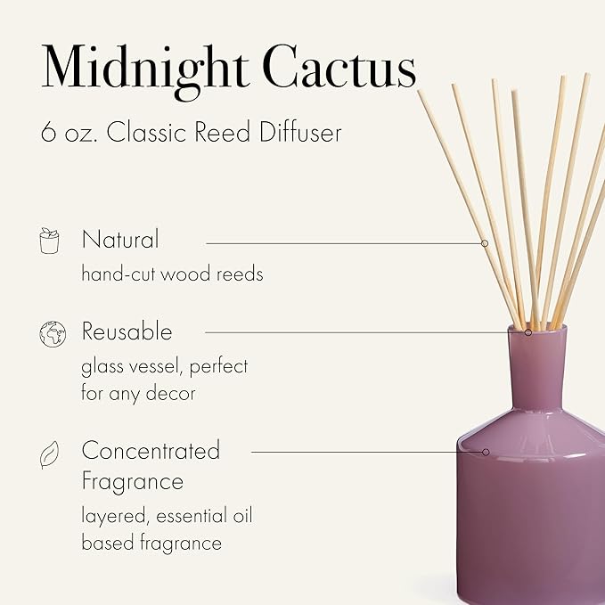 LAFCO New York Classic Reed Diffuser, Midnight Cactus - 6 oz - Up to 3 Months Fragrance Life - Reusable Glass Vessel - Natural Wood Reeds - Made in The USA