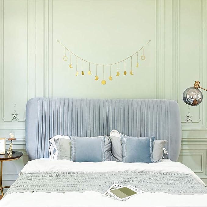 Mkono Moon Phase Wall Hanging Boho Aesthetic Room Decor Metal Moons Garland Hanging Art Bohemian Home Decoration for Girls Room Nursery Bedroom Livingroom Dorm, Ideal, Gold, 55"